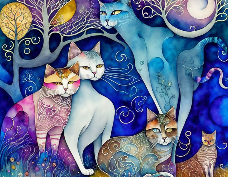 Whimsical cat illustration with intricate patterns and celestial motifs