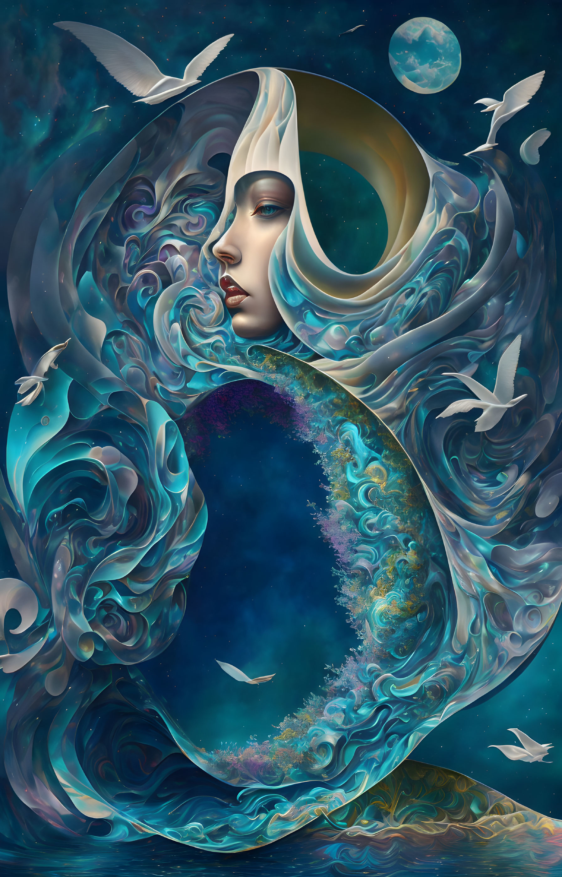 Surreal illustration: woman's face merging with waves, birds, night sky