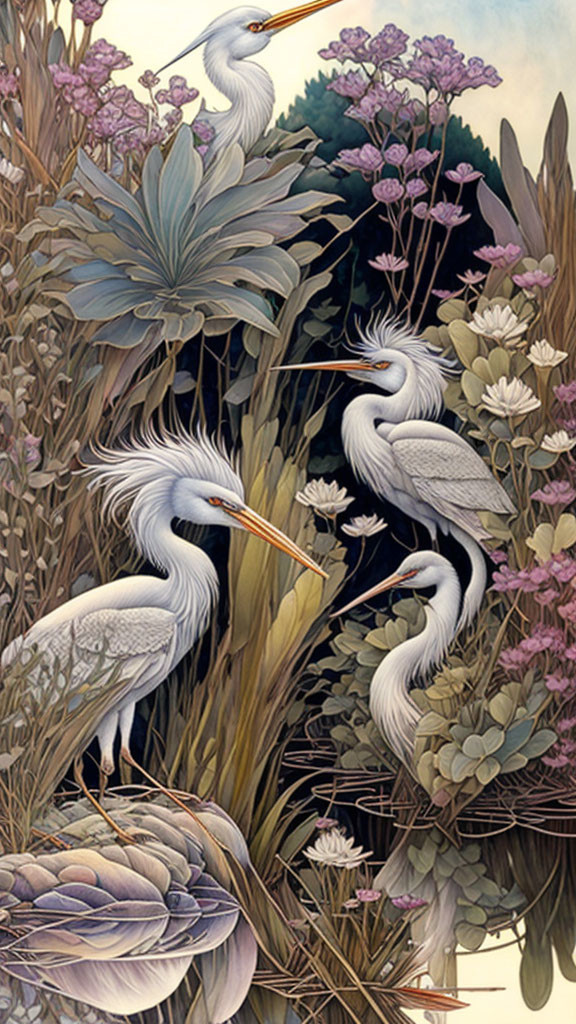 Detailed Illustration of White Herons in Lush Floral Setting