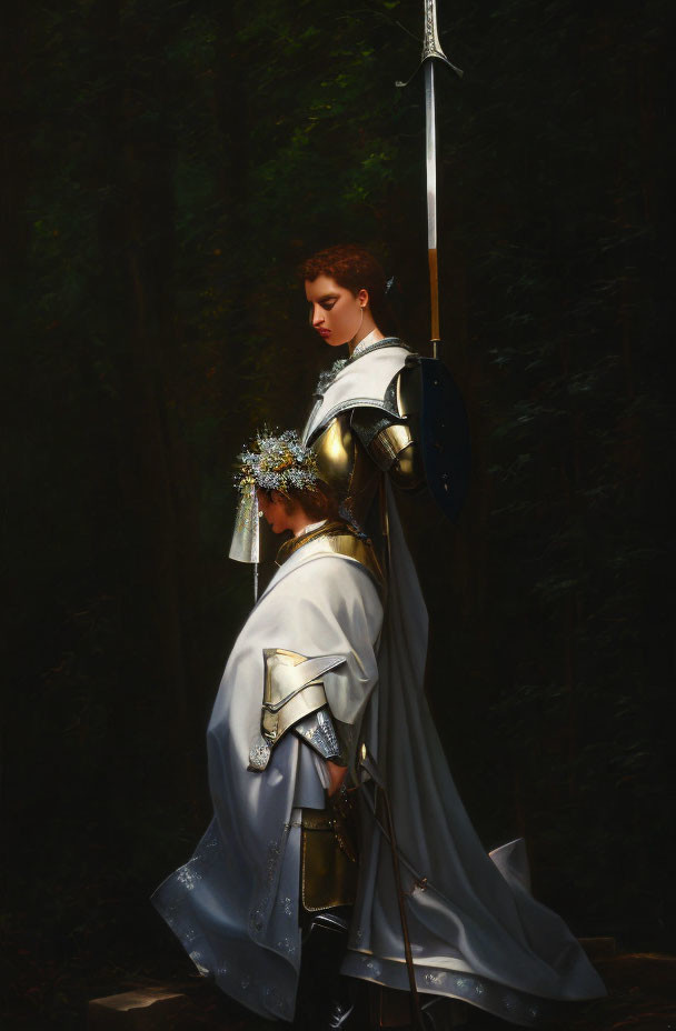 Knight in armor with sword and shield in dim forest with floral wreath.