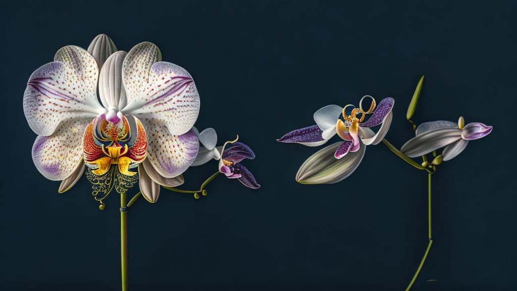 Orchid flowers with white petals and colorful centers on dark background