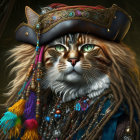 Digital Artwork: Cat Pirate with Blue Eyes & Ornate Accessories