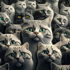 Detailed Grey Cartoon Cats with Yellow and Green Eyes