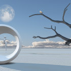 Astronaut on snowy alien landscape with moons and ring-shaped structure