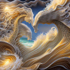 Golden Sea Dragon Artwork with Ocean Waves and Sunset Sky