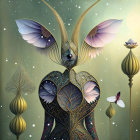 Mechanical figure with insect-like wings and beetle-like helmet in surreal digital art