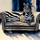 Tiger on Zebra-Striped Sofa in Sunlit Room