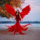 Whimsical illustration of woman with red wings flying in dreamy landscape