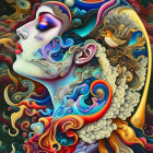 Colorful Illustration of Woman with Blue Hair and Gold Details