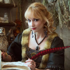 Regal woman in ornate crown and royal garb at elegant table