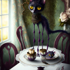 Elongated black cats with yellow eyes on surreal dining table