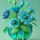 Blue Flower Bouquet in Round Glass Vase on Teal Background