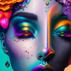 Colorful Symmetrical Faces with Floral Elements in Digital Art