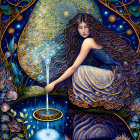 Illustrated woman with glowing staff by water in mystical blue setting