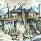 Surreal landscape with stylized trees, wave-like hills, whimsical buildings, and lighthouse