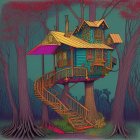 Vibrant treehouse with red, yellow, and green sections in lush natural setting