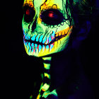 Gothic digital artwork of figure with skull makeup and glowing eyes