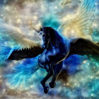 Majestic black winged horse flying in starry night sky