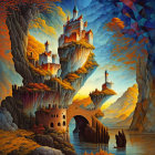 Surreal illustration of female figure with landscape hair and golden castles.