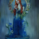 Mystical woman in flowing blue gown with wolf in moody backdrop