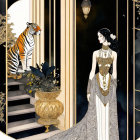 Stylized illustration of woman in gown with tiger on stairs