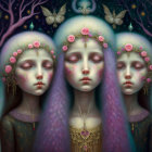 Ethereal figures with dandelion-like hair in moonlit backdrop