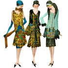 Three women in vintage floral dresses and accessories in art deco style