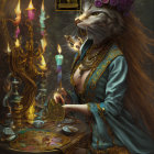 Ornately dressed female figure with feline features holding a gemstone in mystical setting