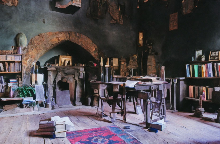 Rustic room with stone fireplace, wooden table, bookshelves, vintage furniture