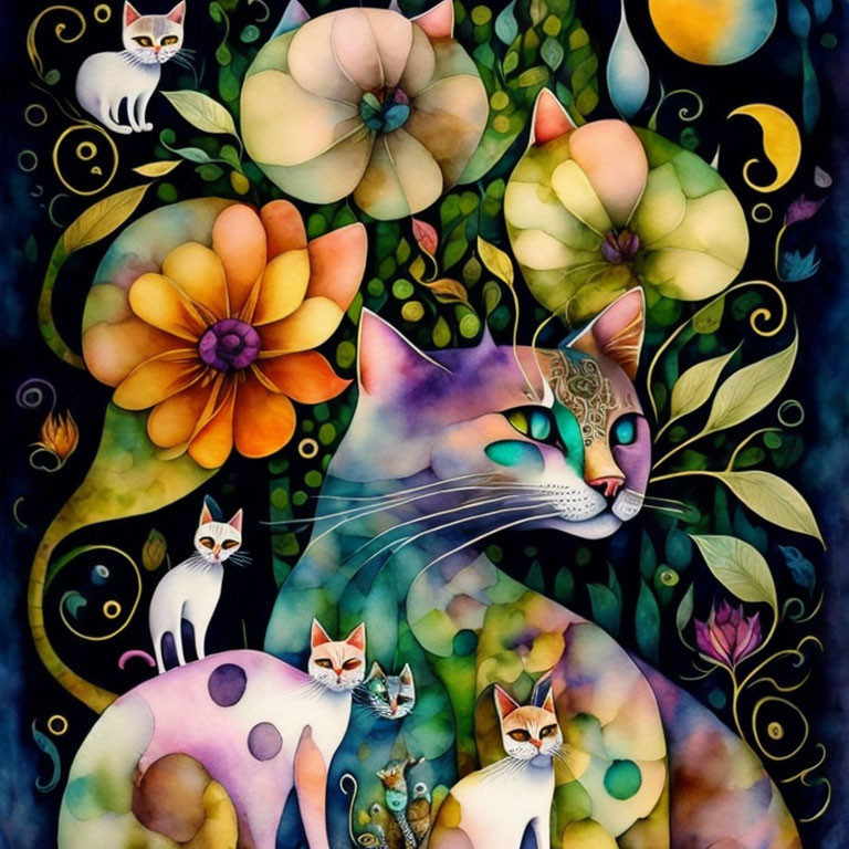 Colorful Cats and Floral Celestial Motifs Illustration on Dark Background