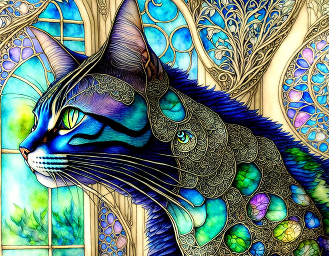 Colorful Cat Illustration with Intricate Patterns on Fur and Stained Glass Background