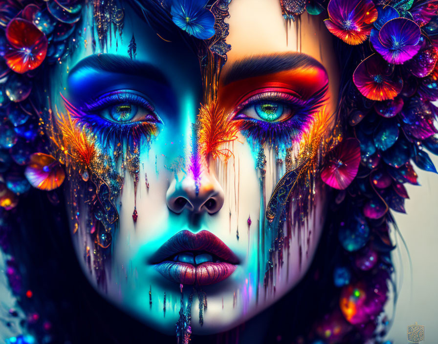 Colorful digital artwork: Woman with blue eyes, flowers, and melting makeup