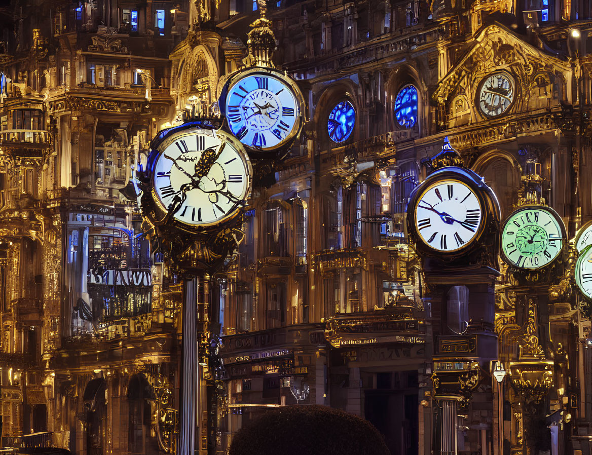 Several illuminated clocks against a backdrop of a lit ornate building at night