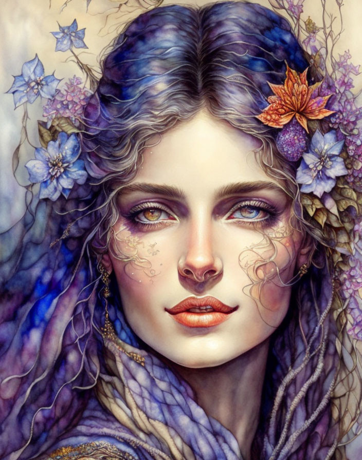 Detailed Woman Illustration with Floral Elements in Cool and Warm Colors