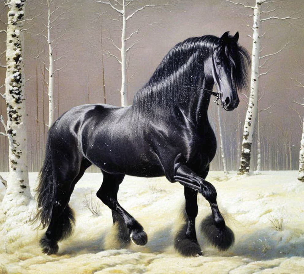 Black horse in snowy forest with birch trees