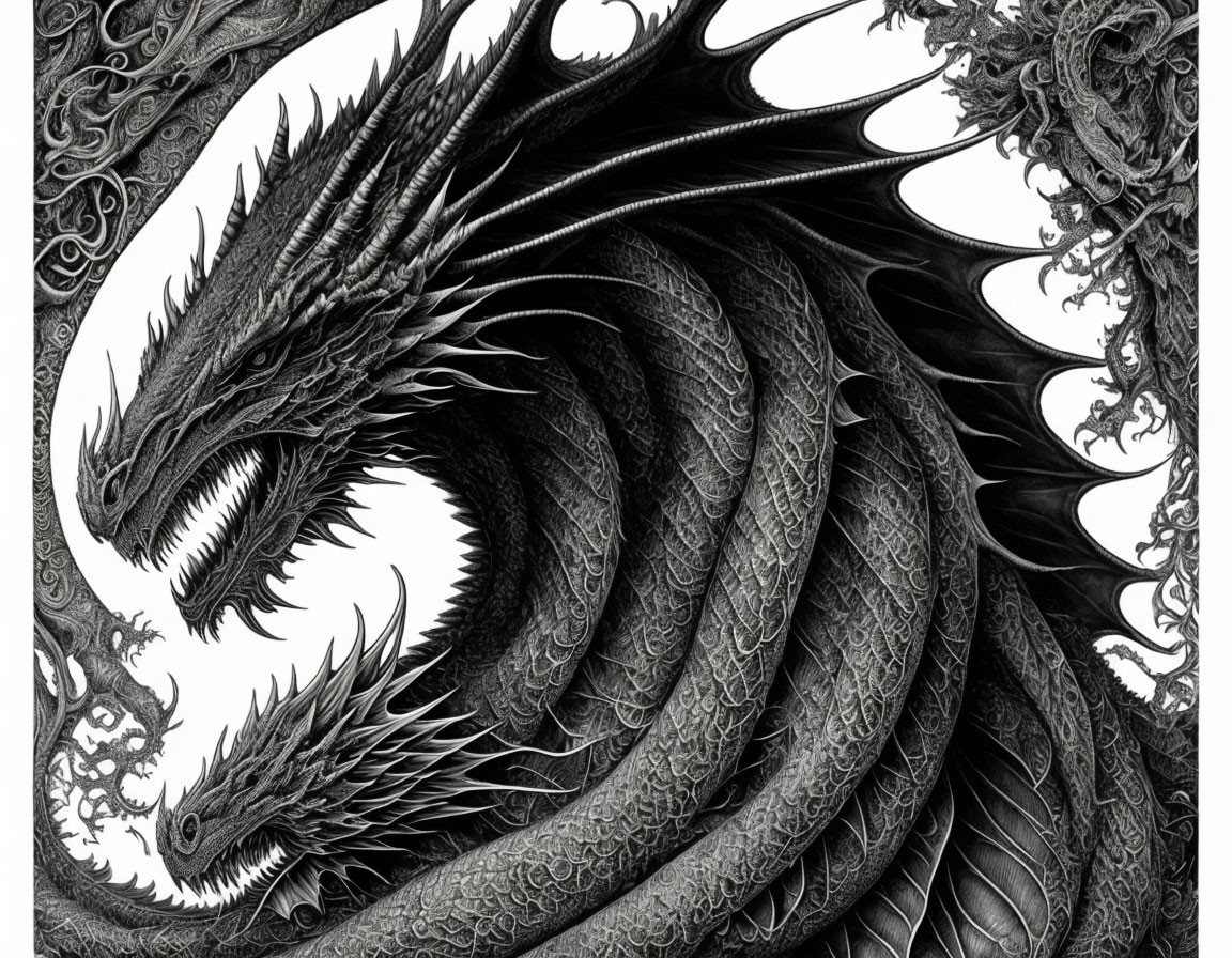 Detailed Monochromatic Illustration: Ferocious Dragons with Ornamental Designs