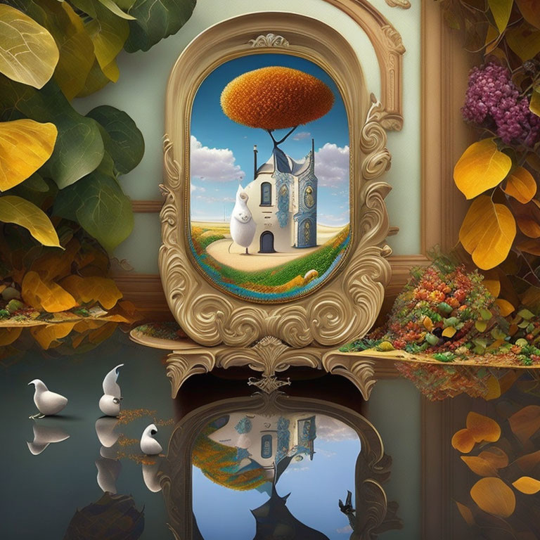 Illustration of anthropomorphic creature by treehouse in decorative frame with water reflection.