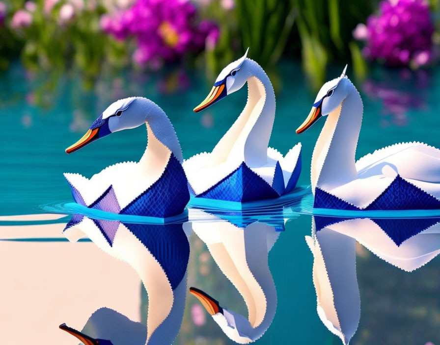 Origami swans floating on water with flower reflections