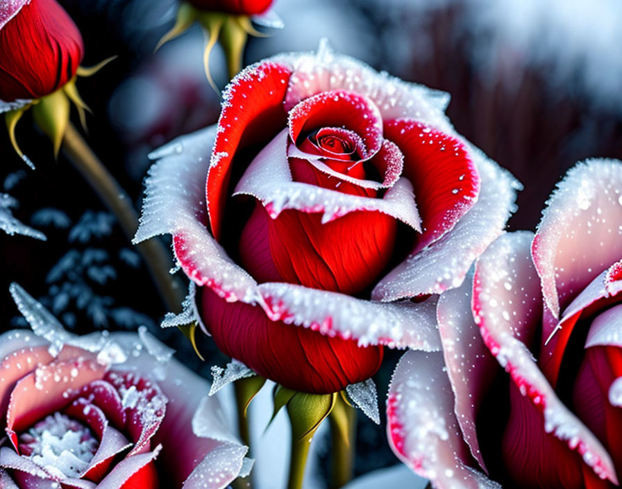 Red Roses with White Frost on Petals Against Blurred Background