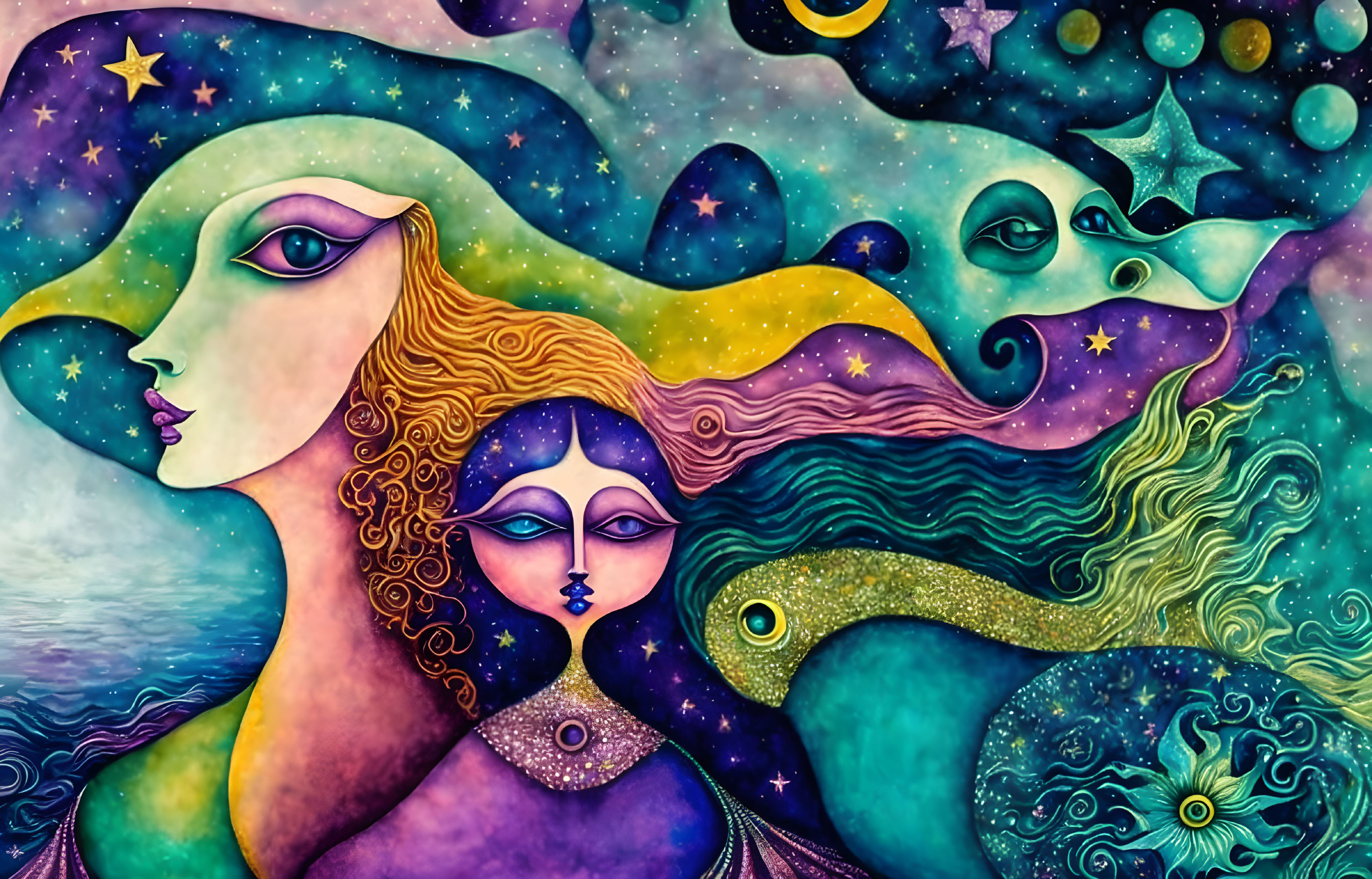 Colorful Abstract Painting: Stylized Female Faces with Cosmic Elements