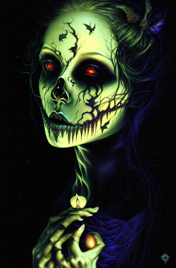 Gothic digital artwork of figure with skull makeup and glowing eyes