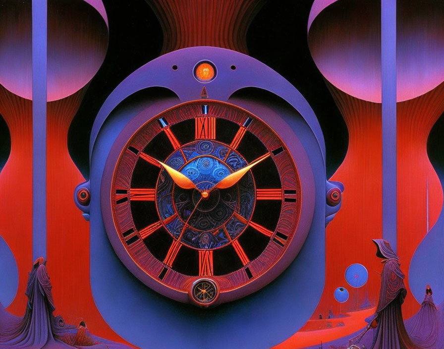 Surreal artwork: ornate clock, red pillars, blue spheres, robed figures