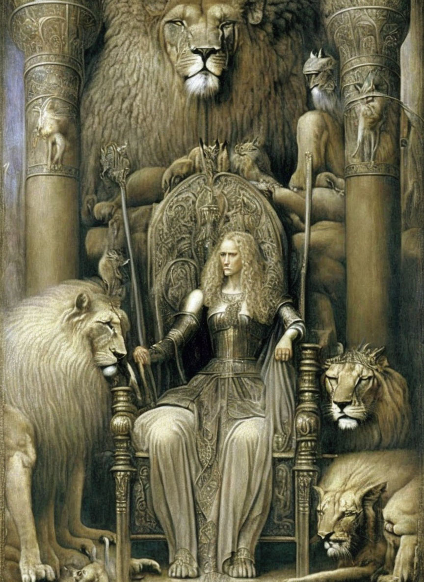 Regal figure in armor on throne with lions, columns, and shield