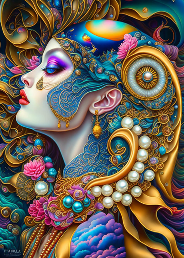 Colorful Illustration of Woman with Blue Hair and Gold Details