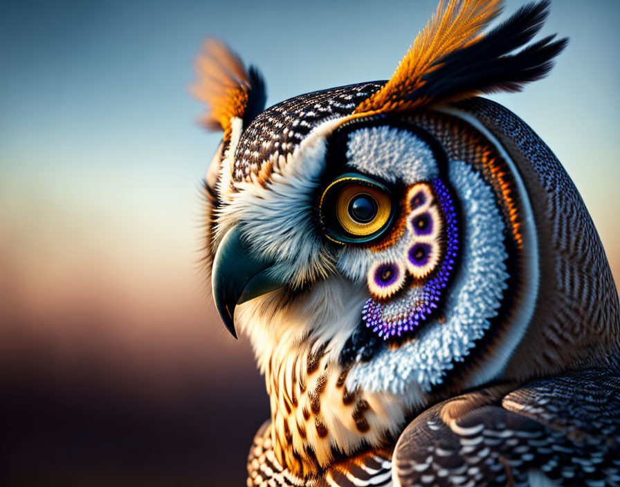 Colorful Owl with Intricate Feather Patterns at Sunset