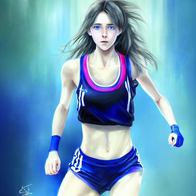 Digital artwork: Young woman with blue eyes in athletic outfit running