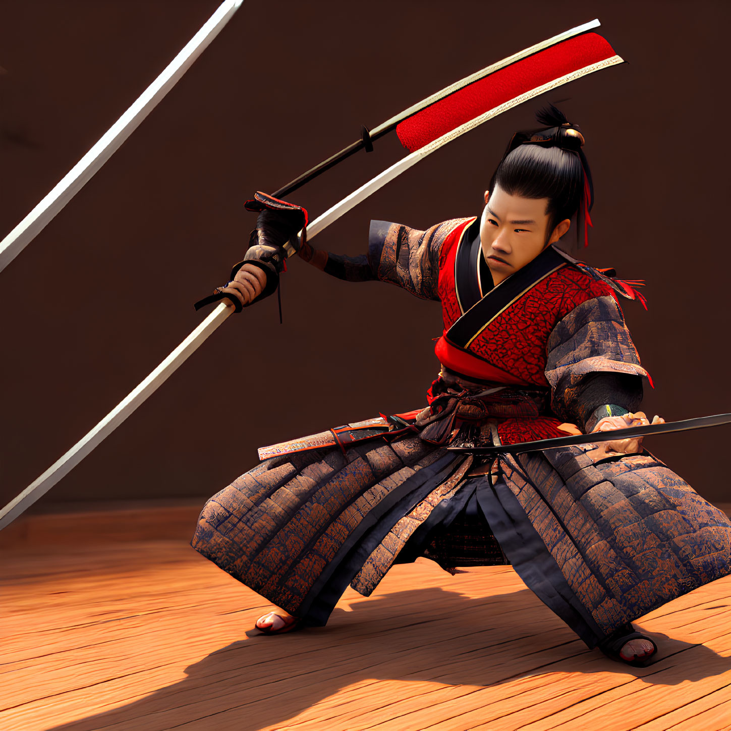 Digital art of samurai in traditional armor with katana and naginata kneeling on wooden background