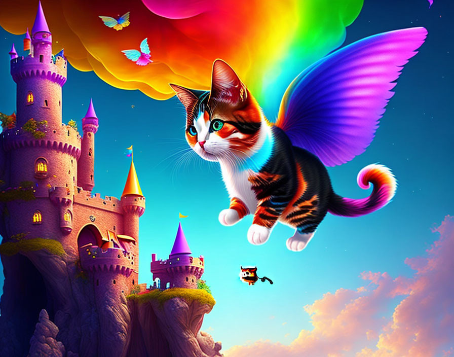 Flying cat with butterfly wings near fantastical castle in vibrant sky