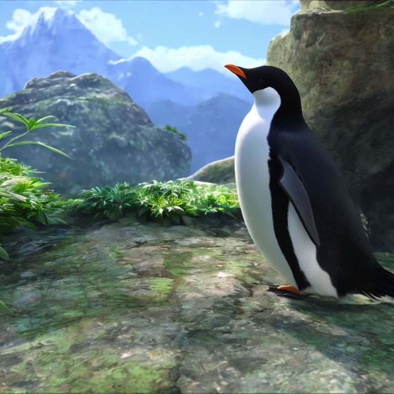 Penguin on rocky surface with greenery and mountains