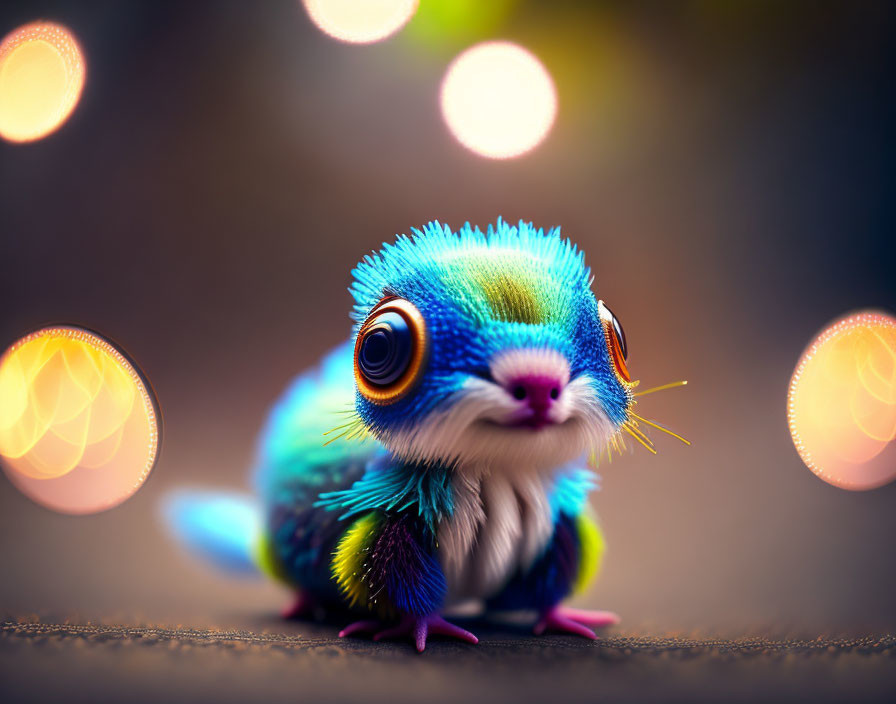 Colorful bird-mammal fusion with blue-green fur and orange whiskers on bokeh light background